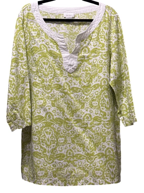 Kate Hill Tops - Kate Hill Size XL 100% Linen Chartreuse Green & White Tunic With V-Neck Design